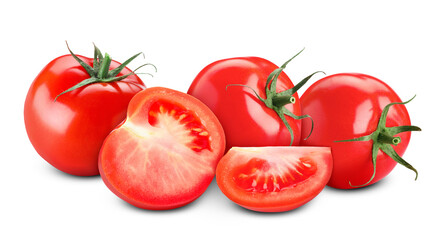 Fresh tomatoes isolated on white. Whole and sliced