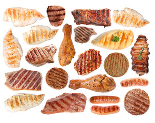 Grilled meat and sausages isolated on white, set