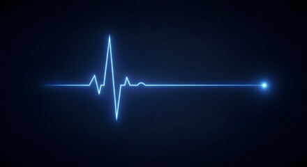 Vibrant blue neon electrocardiogram waveform pulsing with life against a deep dark background