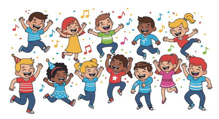 A whimsical illustration captures a vibrant gathering of joyous children, their laughter echoing through the air as they celebrate with unbounded glee.