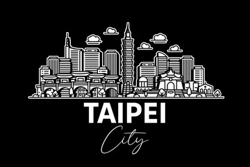 Fototapeta premium Taipei, Taiwan architecture line skyline illustration with shadows. Linear vector cityscape with famous landmarks, city sights, design icons.