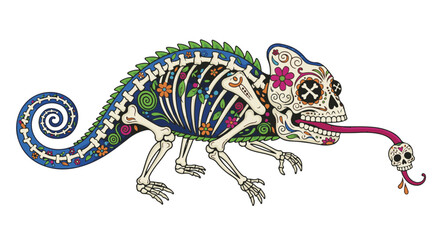 An intricate artwork depicts a chameleon adorned with elements of a skull. This artistic rendition showcases a unique blend of nature and symbolism.