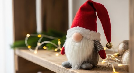 Fototapeta premium Cute christmas gnome with red hat and white beard on a shelf