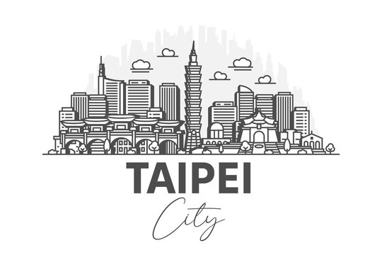 Taipei, Taiwan architecture line skyline illustration with shadows. Linear vector cityscape with famous landmarks, city sights, design icons.
