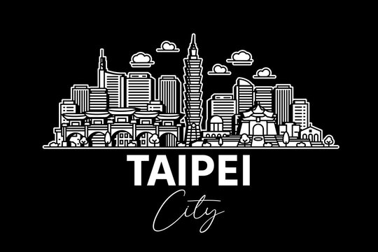 Taipei, Taiwan architecture line skyline illustration with shadows. Linear vector cityscape with famous landmarks, city sights, design icons.