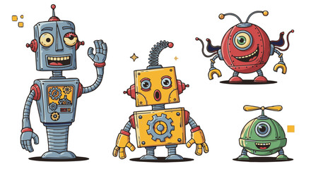 A whimsical collection of retro robots and quirky alien characters, creating a playful and imaginative scene with vibrant colors and charming details. 