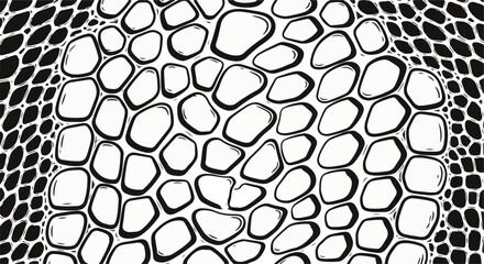 A meticulously crafted black and white illustration depicts a unique and complex textural pattern, featuring interconnected stone shapes within a detailed, geometric framework.