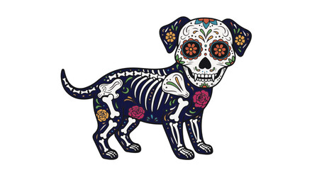 A vibrant and artistic illustration of a Day of the Dead themed dog. The intricate details showcase the festive spirit and unique cultural representation of this special day.