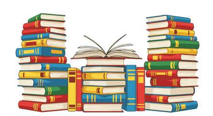 Vibrant collection of books, an open book resting atop a colorful arrangement, signifying a world of knowledge and exploration, inviting viewers to embark on a literary adventure.