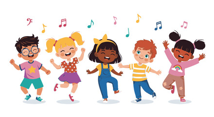Joyful children dance with musical notes, radiating the pure joy of movement. Their carefree spirits and colorful outfits create a symphony of delight.