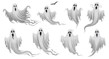 A spectral gathering of cartoonish ghosts floats playfully across a muted backdrop, captured in a whimsical illustration. evoking a sense of fun and spooky adventure.
