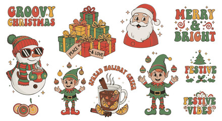 Festive and fun elements, vintage style christmas illustrations, perfect for holiday-themed projects.