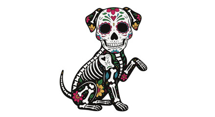 A charming Dia de los Muertos inspired illustration, a beautifully adorned dog in the style of a traditional sugar skull design, rich in detail and festive spirit.