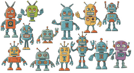 A colorful gathering of whimsical robot, each displaying unique personality and charming mechanical features. A captivating scene for anyone to be impressed.