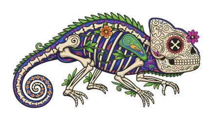 A whimsical, artistic representation of a chameleon, intricately designed with floral patterns and a skeletal structure, embodying the spirit of celebration.
