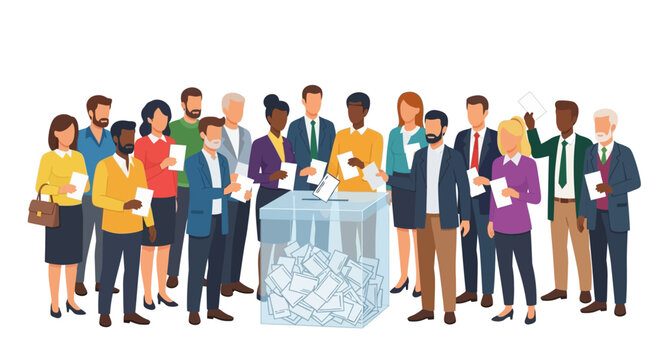 A diverse group of citizens standing in line to cast their paper ballots in a transparent box during an election