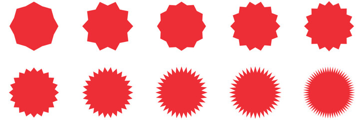 Red starburst shapes, sale promotion badges, and price tag stickers for marketing designs, sunburst shapes, and discount labels