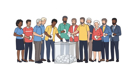 Obraz premium Illustration of diverse people casting votes into a transparent ballot box during an election