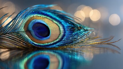 peacock. A close-up of a peacock feather against a mirrored surface with iridescent blue-green tones. wildlife magazines, conservation campaigns, designed for wildlife conservation campaigns.