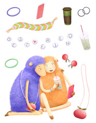 A set featuring sheep girlfriends. The watercolor illustration is done in a simple, childlike style. Hand drawn illustration is perfect for a Friendship Day card.