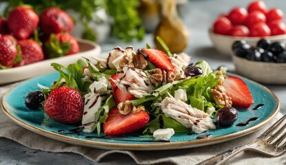 Fresh Salad Plated on Blue Plate Featuring Strawberries Greens And Other Ingredients