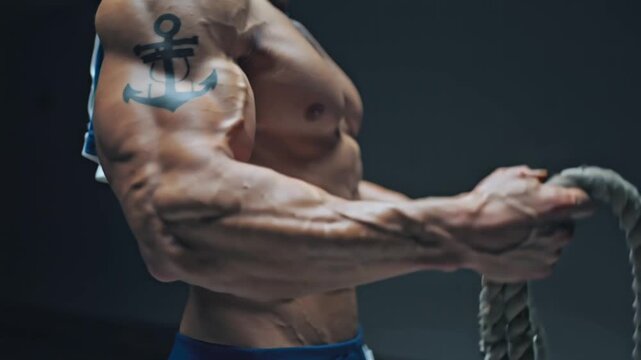 Muscular man pulling thick rope nautical theme