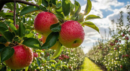 Obraz premium Clusters of apples nestled beneath a partly cloudy sky