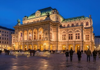Magnificent vienna state opera building illuminated at dusk with people in the plaza