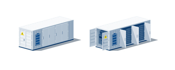 Battery energy storage power bank for renewables. Opened and closed container industry storage system for electricity distribution grid. Racks of batteries modules packs and technology inside.