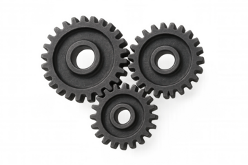 Metal gears interlocking, symbolizing teamwork, collaboration, and complex mechanical systems on transparent background