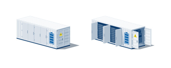 Battery energy storage power bank for renewables. Opened and closed container industry storage system for electricity distribution grid. Racks of batteries modules packs and technology inside.