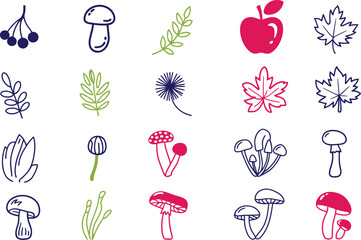 Charming hand-drawn autumn icons featuring berries, leaves, mushrooms, and apples