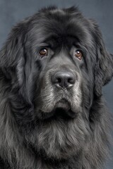 Fototapeta premium Charming Newfoundland Dog Portrait with Gentle Gaze and Expressive Eyes Against Gray Background