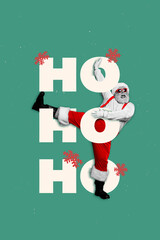 Sketch banner vertical photo collage of happy old man santa claus dance ho-ho letters winter xmas...