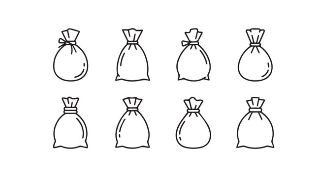 Collection of hand drawn money bags icons featuring various styles of drawstring pouches vector