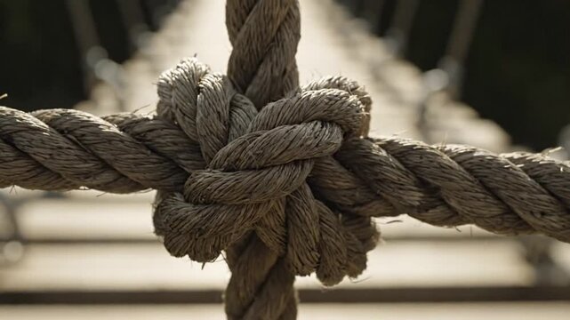 A thick knotted rope forms a central point against a blurred background of wooden planks