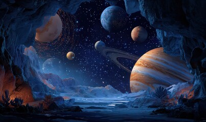 Pixelated Cosmic Landscape Featuring Planets within Cave Interior with Starry Background