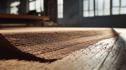 sandpaper. Wood surface with uniform scratch patterns from sanding, workshop material study. safety posters, maintenance manuals, designed for industrial assembly lines and welding operations.