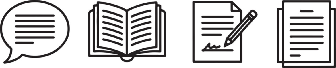 Icon Set for Communication and Documentation Featuring Speech Bubble Book and Paperwork Keywords: icon, set, speech bubble, book, open book, document, paper, pencil, also transparent background
