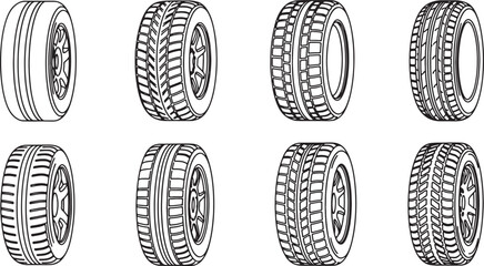 Set of Car Tire Tread Patterns and Wheel Icons in Outline Style Keywords: tire, wheel, car, automobile, vehicle, tread, pattern, rubber, rim, automotive, transport, also transparent background