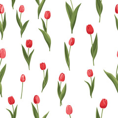 Obraz premium A seamless pattern of delicate red tulips with green leaves on a white background.