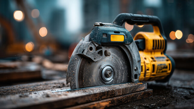 Electric corded saw ready for carpentry work on a construction site