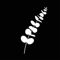 Minimalist White Eucalyptus Leaf Sprig Vector Illustration on a High Contrast Black Background