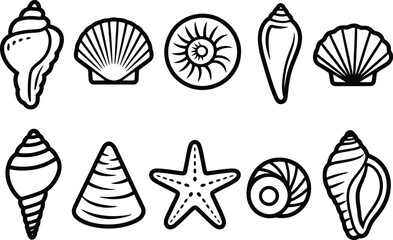Collection of simple black line art seashells and starfish icons for beach designs