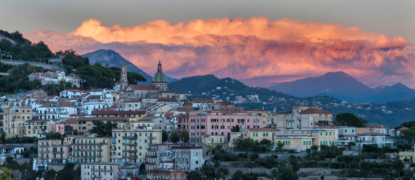 Vietri sul mare - Amalfi coast - The city panorama with the coast at dusk.