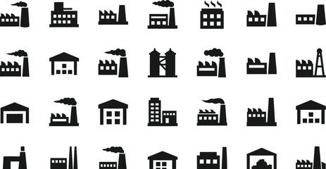 Collection of industrial factory and warehouse building icons isolated on transparent background