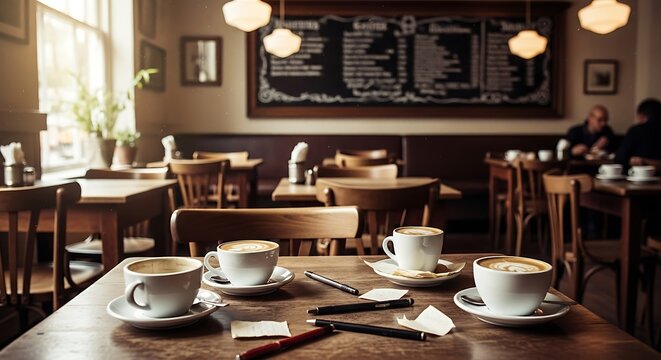 Coffee Cups and Pens on Table in Cozy Cafe Setting