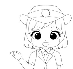 半袖の制服を着た女性駅員のかわいい白黒イラスト