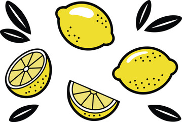 Vibrant yellow lemons and slices artfully arranged with fresh green leaves