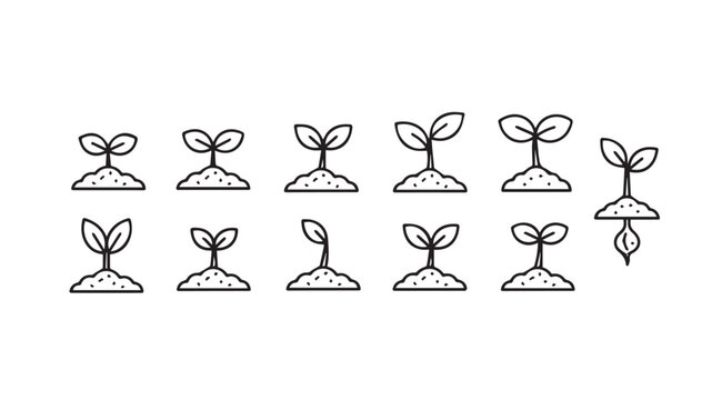 Collection of hand-drawn seedling sprouts growing from soil icons symbolic of new beginnings and growth vector
